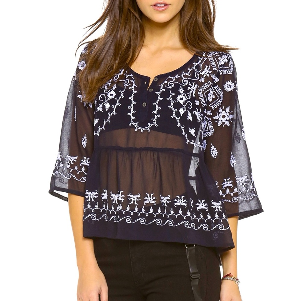 πΊπHPππΊ NWT Free People Pennies Sequel Embroidered Blouse - Picture 4 of 16